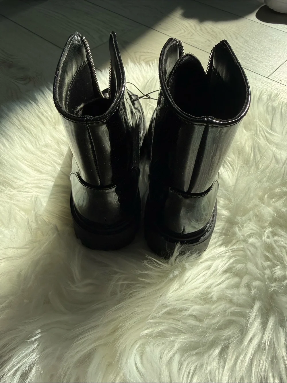 Kids Black Patent Front-Zip Ankle Boots with Star Pulls